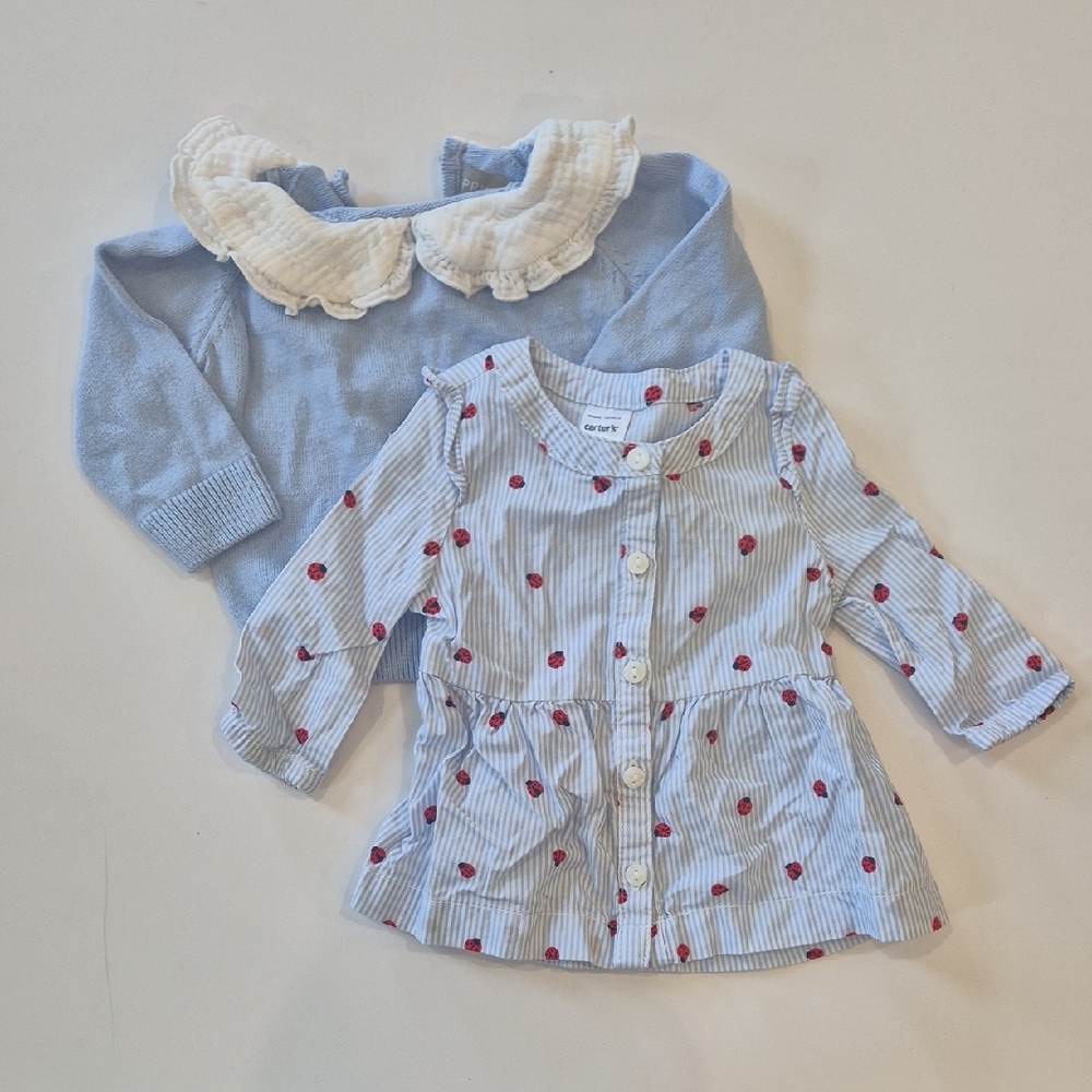 0-3m Bundle Girls Blue Knit Sweater & Striped Shirt Set